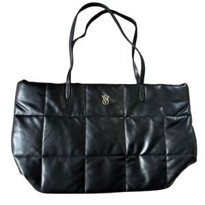 Victoria's Secret Puffer Duffle Tote Faux Leather Black Weekender Bag‎ Quilted